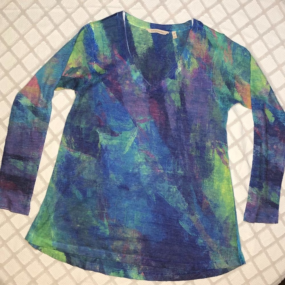 Soft Surroundings V-neck sweater, Plein De Couleurs, sz S, colorful, light, EUC